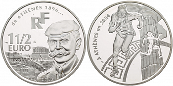 Франция 1 1/2 евро 2003 Пьер де Кубертен, Олимпийские игры 2004 года в Афинах, бег KM 1361 серебро PROOF 02-109-24