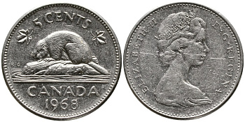 КАНАДА 5 ЦЕНТОВ 1968 ЕЛИЗАВЕТА II (1952-), БОБР, ВТОРОЙ ПОРТРЕТ В КОРОНЕ KM 60.1 никель 4543-626