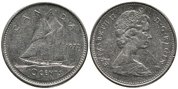 КАНАДА 10 ЦЕНТОВ 1972 ЕЛИЗАВЕТА II (1952-), ПАРУСНИК, ВТОРОЙ ПОРТРЕТ В КОРОНЕ KM 77.1 никель 4532-815