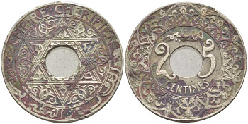 Марокко 25 сантимов 1921 Мулай Юсуф (1912-1927), Французский протекторат KM 34.1 медно-никель 119-243