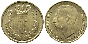 Люксембург 5 франков 1986 Великий герцог Жан (1964-1999) KM 60.1 латунь 179-947