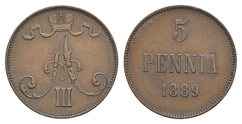 Россия для Финляндии 5 пенни 1889 Александр III (1881-1894) Биткин 247 медь 1530-715