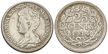 Нидерланды 25 центов 1914 Вильгельмина (1890-1948) KM 146 серебро 4151-861