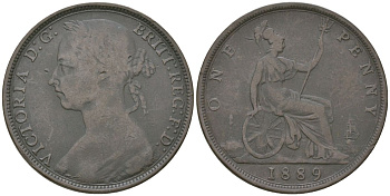 Великобритания 1 пенни 1889 Виктория (1837-1901) KM 755, Spink 3954 бронза 4590-945