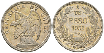 Чили 1 песо 1932 KM 174 серебро 68-442