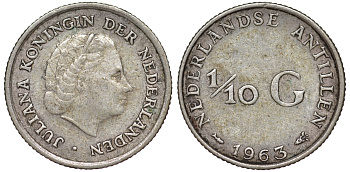 Нидерландские Антилы 1/10 гульдена 1963 Юлиана (1948-1980) KM 3 серебро 4178-142