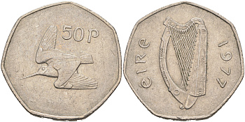 ИРЛАНДИЯ 50 ПЕНСОВ 1977 ВАЛЬДШНЕП KM 24 медно-никель 4590-516