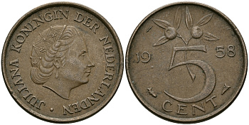 НИДЕРЛАНДЫ 5 ЦЕНТОВ 1958 ЮЛИАНА KM 181 бронза 95-335