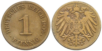 ГЕРМАНИЯ 1 ПФЕННИГ 1905 G KM 10, Jager. 10, Weege 2 медь 4528-1234