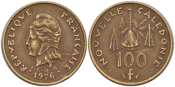 Французская Новая Каледония 100 франков 1976 хижина среди сосен и пальм, (IEOM) KM 15, Schoen 16, Lec 130 никель латунь 4137-523