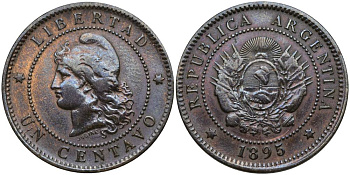 Аргентина 1 сентаво 1895 голова свободы влево KM 7 бронза 27-131