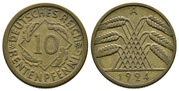 ГЕРМАНИЯ 10 РЕНТЕНПФЕННИГОВ 1924 A KM 33, J. 309, Weege 8 алюминиевая бронза 4380-933