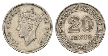Малайя 20 центов 1950 Георг VI (1936-1952) KM 9 медно-никель 4579-433