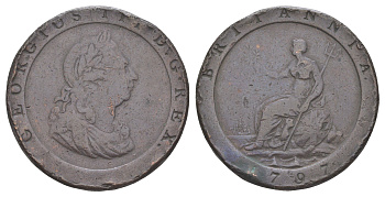 Великобритания 1 пенни 1797 Георг II (1727-1760) KM 618, Spink 3777 медь 1526-424