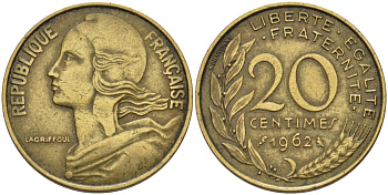 ФРАНЦИЯ 20 САНТИМОВ 1962 KM 930 медь алюминий никель 67-735
