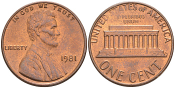 США 1 ЦЕНТ 1981 ЛИНКОЛЬН KM 201 медь цинк UNC 187-734