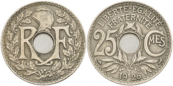 ФРАНЦИЯ 25 САНТИМОВ 1926 KM 867а медно-никель 4402-827