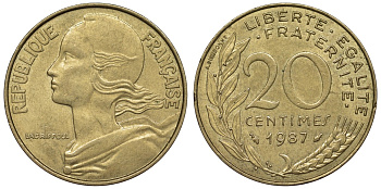 Франция 20 сантимов 1987 тип Marianne KM 930, Le Franc 156.27 медь алюминий никель 4128-233