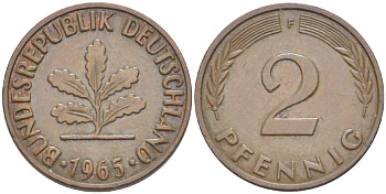 ФРГ 2 ПФЕННИГА 1965 F KM 106, J. 381 бронза 4181-744