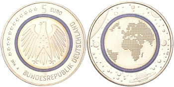 Германия 5 евро 2016 A, Планета Земля KM 348 триметалл BU 1529-242