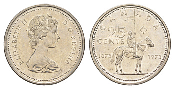 Канада 25 центов 1973 100 лет конной полиции Канады KM 81 никель UNC 4652-732