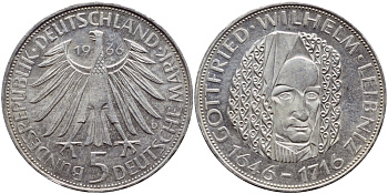 ФРГ 5 марок 1966 D, 250 лет со дня смерти Готфрида Вильгельма Лейбница J. 394, KM 119.1 серебро 4389-1126