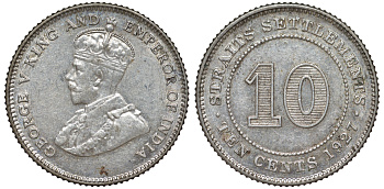 Стрейтс-Сетлментс 10 центов 1927 Георг V (1910-1936) КМ 29b серебро 53-731