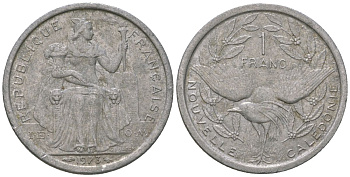 Французская Новая Каледония 1 франк 1973 птица кагу, (IEOM) KM 10, Schoen 10, Lec 39 алюминий    51-723