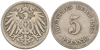 Германия 5 пфеннигов 1897 A, KM 11, J. 12 медно-никель 220-728