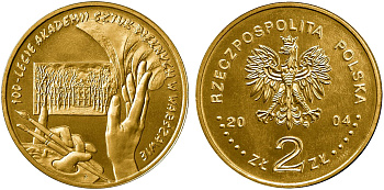 Польша 2 злотых 2004 MW, 100 лет Академии изящных искусств KM 509 нордик UNC 4676-153