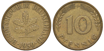 ФРГ 10 пфеннигов 1950 C KM 108, J. 383 сталь плакированная латунью 4132-521