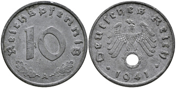 ГЕРМАНИЯ 10 РЕЙХСПФЕННИГОВ 1941 А KM 101, J.371 цинк 95-744