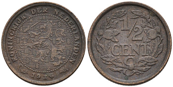 Нидерланды 1/2 цента 1916 Вильгельмина (1890-1948) KM 138 бронза 4576-367