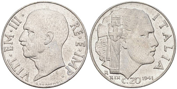 ИТАЛИЯ 20 ЧЕНТЕЗИМО 1941 R, ГОД XIX, ВИКТОР ЭММАНУИЛ III (1900-1946) KM 75b, VEM3. 1028 нержавеющая сталь 3853-1157