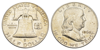США 1/2 доллара (50 центов) 1960 Бенджамин Франклин, колокол KM 199 серебро  aUNC  4653-123