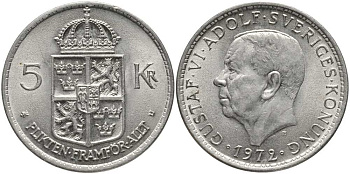 Швеция 5 крон 1972 U, Густав VI Адольф (1950-1973) КМ 846 никель плакированный медно-никелем 180-646