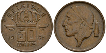 Бельгия 50 сантимов 1962 Belgique, Бодуэн I (1951-1993) KM 148 бронза 4154-1051