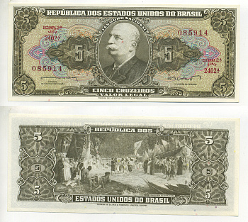 БРАЗИЛИЯ 5 КРУЗЕЙРО 1962 СЕРИЯ 2402А, БАРАО ДО РИО БРАНКО, ВЫПУСК 2А Pick 176а бумага UNC (ПРЕСС) 6299-7-1