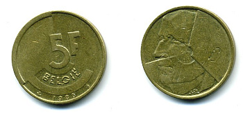 БЕЛЬГИЯ 5 ФРАНКОВ 1986 BELGIE KM 164 латунь или алюминиевая бронза 25-1547