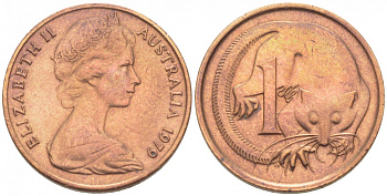 АВСТРАЛИЯ 1 ЦЕНТ 1979 ЕЛИЗАВЕТА II, МОЛОДОЙ ПОРТРЕТ, ОПОССУМ KM 62 бронза 3955-457