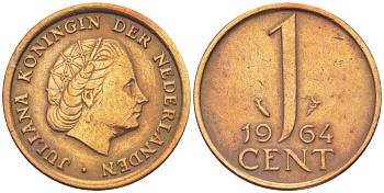 Нидерланды 1 цент 1964 Юлиана (1949-1980) KM 180 бронза 3309-332