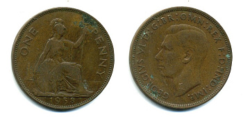 Великобритания 1 пенни 1938 Георг VI (1936-1952) KM 845, Spink 4114 бронза 37-534