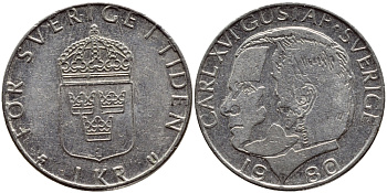 Швеция 1 крона 1980 Карл XVI Густав (1973- ) KM 852 медь плакированная медно-никелем 4397-927