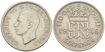 Великобритания 6 пенсов 1948 Георг VI (1936-1952) KM 862, Spink 4105 медно-никель 3955-367