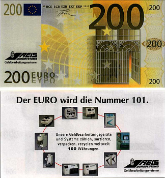 ГЕРМАНИЯ НАБОР ИЗ ДВУХ БАНКНОТ 2001 100 И 200 ЕВРО, РЕКЛАМНЫЙ ВЫПУСК ЕВРОБАНКНОТ, REIS EUROSYSTEMS, GELDBEARBEITUNGSYSTEME (DER EURO WIRD DIE NUMMER 101) бумага 7183-60-1-2
