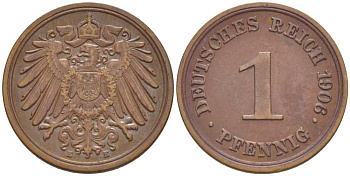 ГЕРМАНИЯ 1 ПФЕННИГ 1906 E KM 10, J. 10, Weege 2 медь 211-346