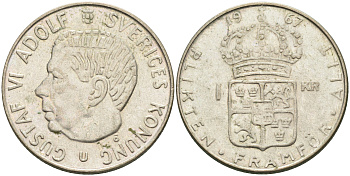 Швеция 1 крона 1967 U, Густав VI Адольф (1950-1973) KM 826 серебро 4126-833