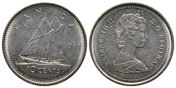 Канада 10 центов 1986 Елизавета II (1952-2022), парусник KM 77.2 никель 84-1566