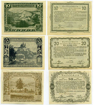 Нижняя Австрия набор из 3 банкнот 10, 20, 50 геллеров 1920 1 мая 1920, нотгельд, 29 апреля 1920 - 15-31-декабря 1920   бумага  UNC (пресс) 000-00-00