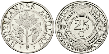 Нидерландские Антилы 25 центов 1991 Беатрикс (1980-2013) KM 35 сталь плакированная никелем 177-524